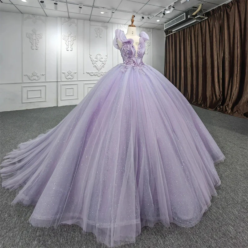 

Sparkly Tulle Lavender Off The Shoulder Quinceanera Dresses Beading 3D Flowers Princess Ball Gown Vestido De 15 Anos Sweet 16 Dr