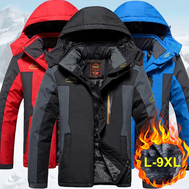 Winter Waterproof Men's Jacket Windproof Warm Coat Fleece Thick Outwear Outdoor Mountain Overcoat Removable Hooded Parka 8xl 9xl