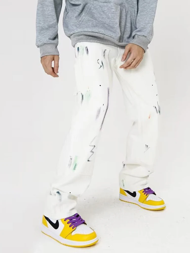 Irregular Ink Splashing Complete Printing Men's Casual Jeans Street Clothing Fashion Pants Pants Pants Straight Legs White Denim