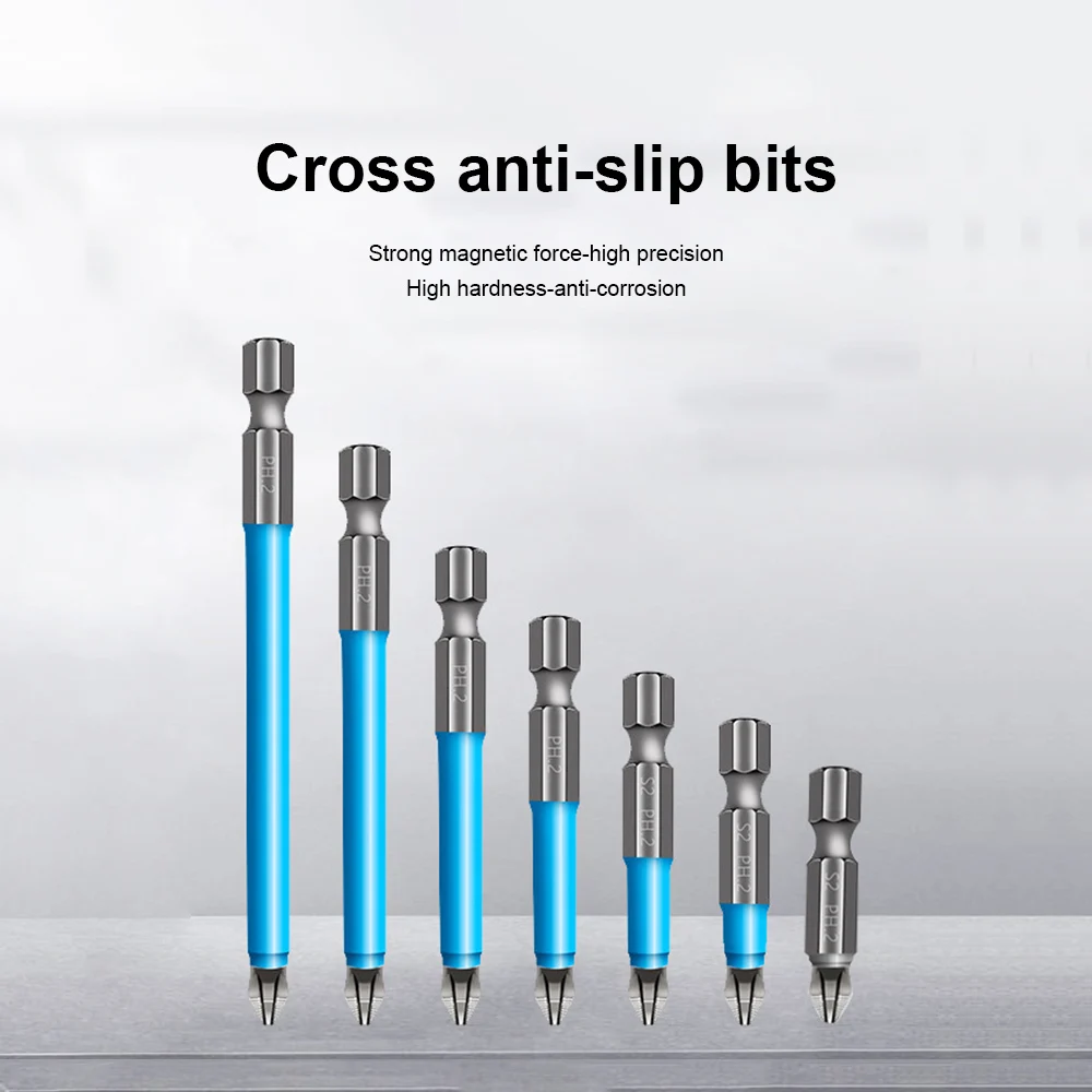

7pcs 1/4" Hex Shank Magnetic Anti Slip Long Reach Electric Screwdriver Bits Precision PH2 Single Phillips/Cross Head Power Tools