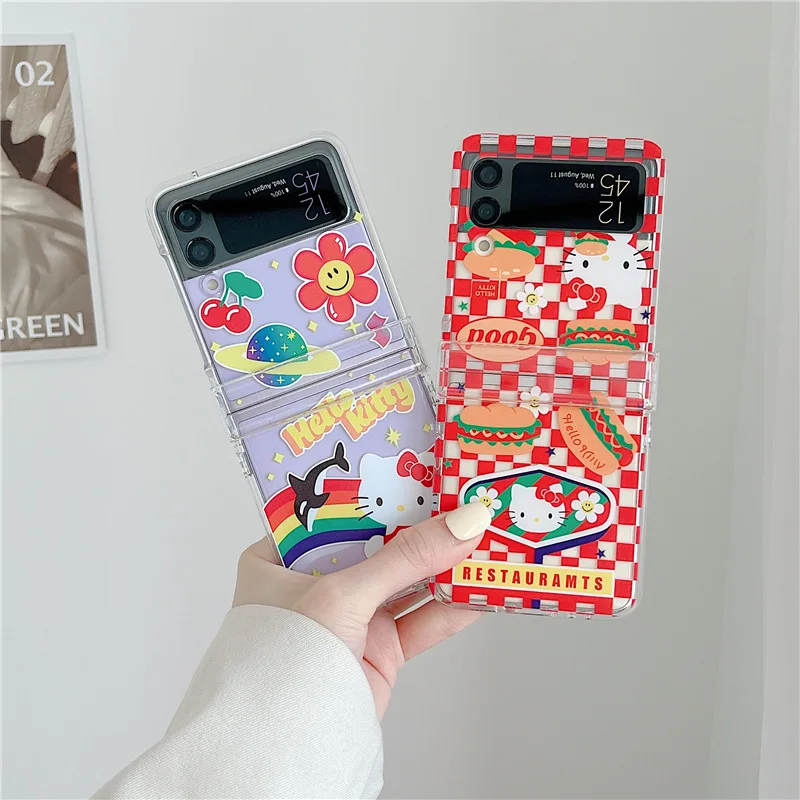 

Cartoon Kitty Flower Transparent Phone Case for Samsung Galaxy Z Flip 3 5G Hard PC Back Cover for ZFlip3 Case Protective Shell