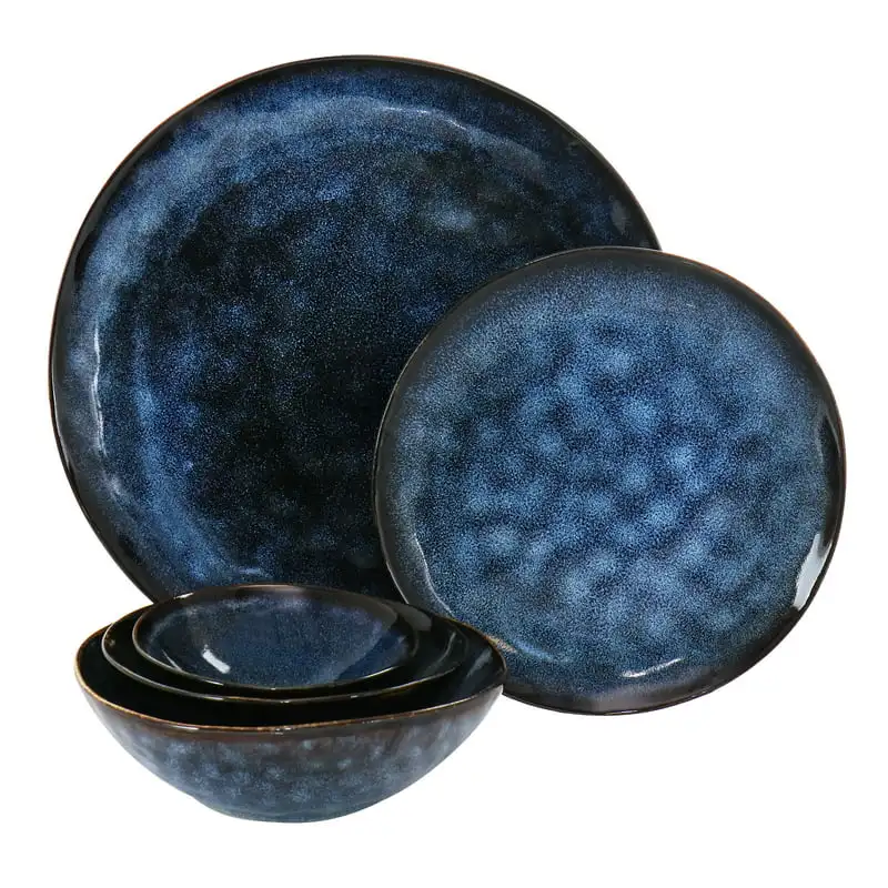 

20 Pieces Stylish Round Blue Stoneware Triple Bowl Dinnerware Set – Perfect for Everyday Eating & Entertaining.