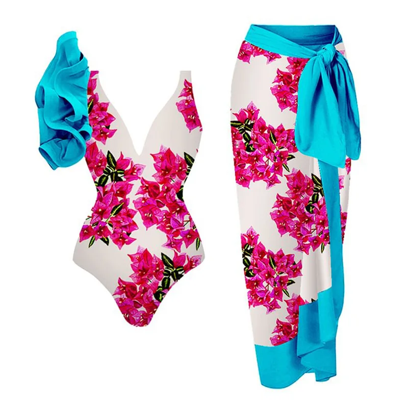 

2023 New Bougainvillea Red Print Shoulder Fold Deep V One-piece Asymmetrical Design Bright Seaside Bikini Suit covered skirt