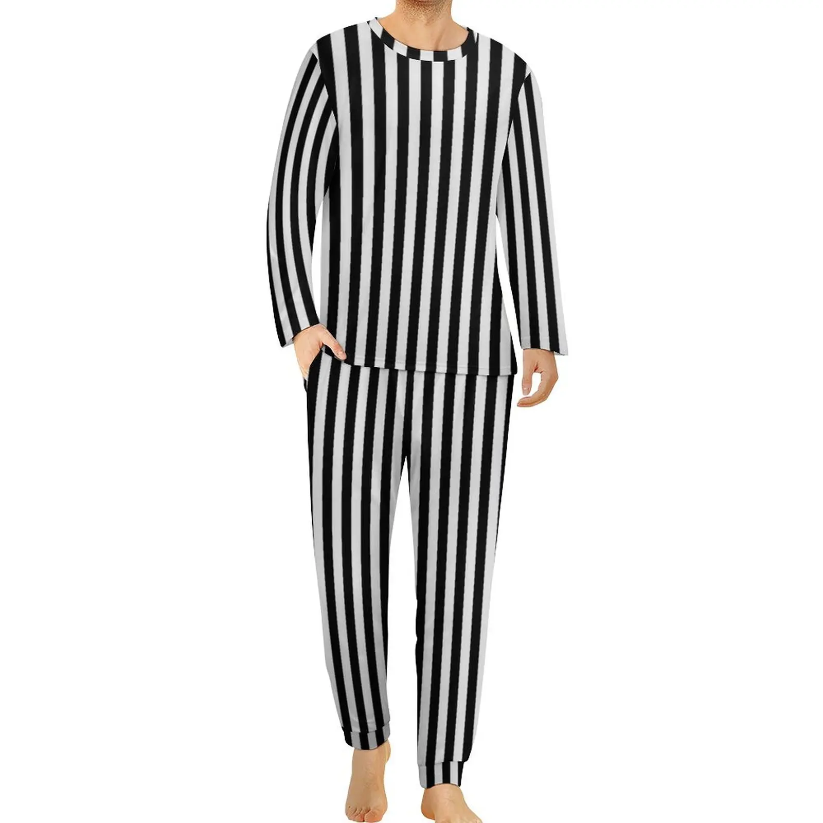 

Black White Striped Pajamas Vertical Stripes Man Long-Sleeve Retro Pajamas Set 2 Piece Aesthetic Daily Design Nightwear Gift