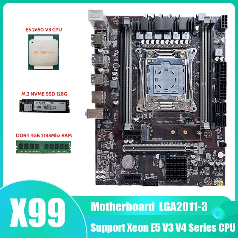 

HOT-X99 Motherboard LGA2011-3 Computer Motherboard With E5 2650 V3 CPU+M.2 NVME SSD 128G+DDR4 4GB 2133Mhz RAM Memory