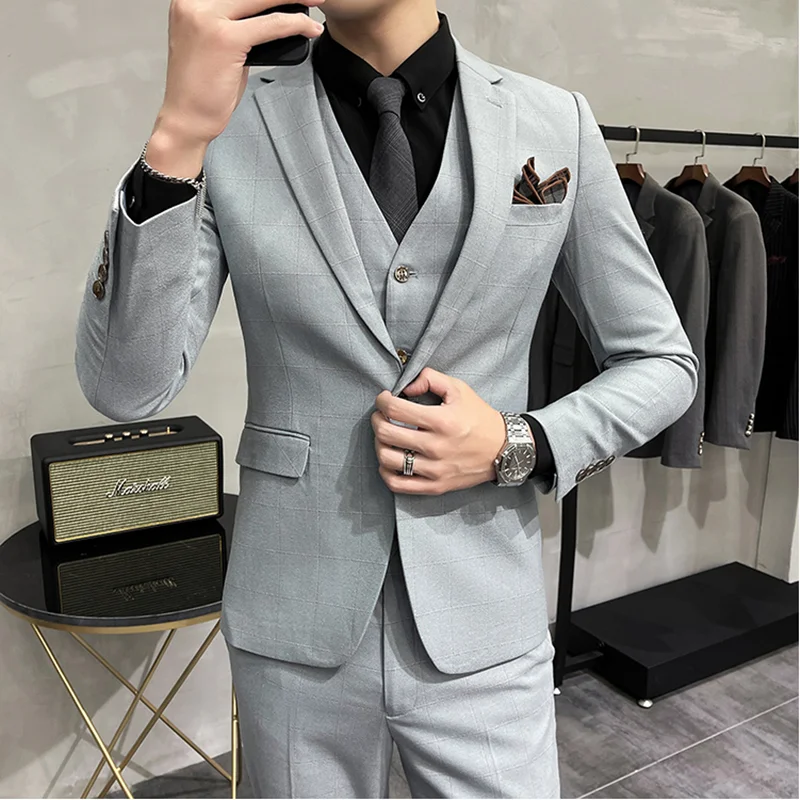 

High Quality 5XL (suit+Vest+Pants) Men's Elegant Fashion Business Dress Plaid Slim Fit Casual Dress Gentleman Suit 3 Piece Set