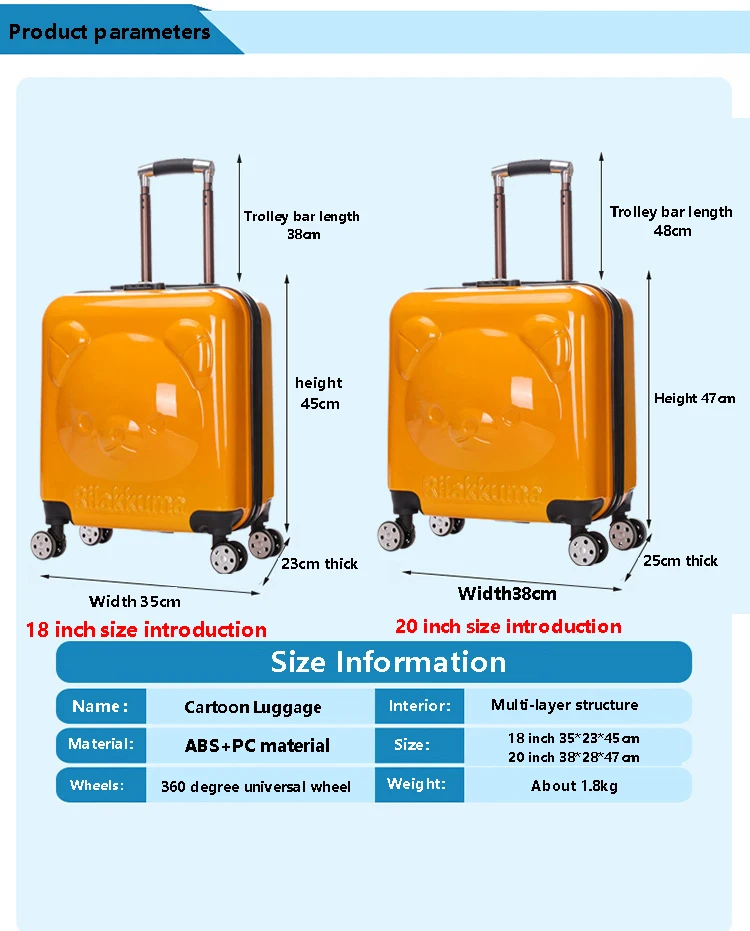 18 Inch Cartoon Cute Luggage Fashion 20 Inch Comfortable Trolley Bags Children Adult Travel Boarding Cases