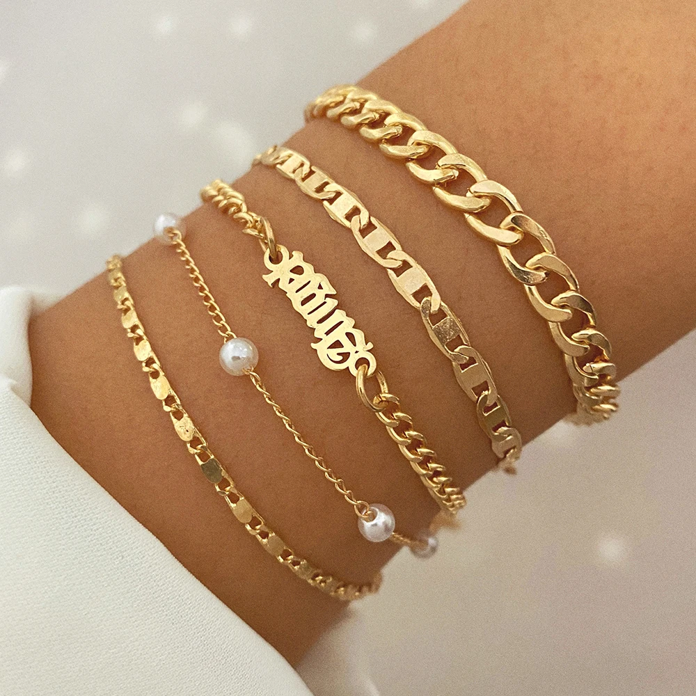 

Fashion Punk English Alphabet Pearl Bracelet Chain Bracelets Set Boho Thick Charm Bracelets Bangles For Women Gifts Jewelry