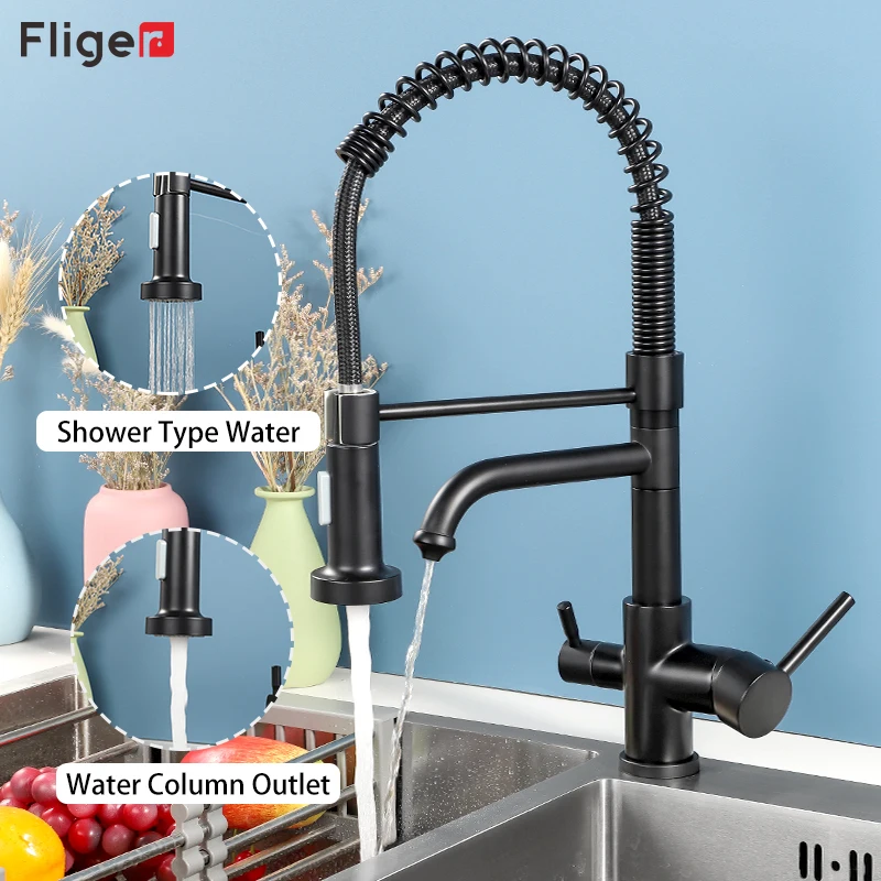 

Кухонный смеситель с фильтром Fliger, черный латунный кран с распылителем, двойной поворотный, для горячей и холодной воды