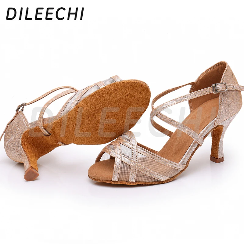 DILEECHI Latin dance shoes Women Light Gold Flash Glitter Cuba High Heel 9cm Salsa Party Performance Ballroom dancing shoes Net