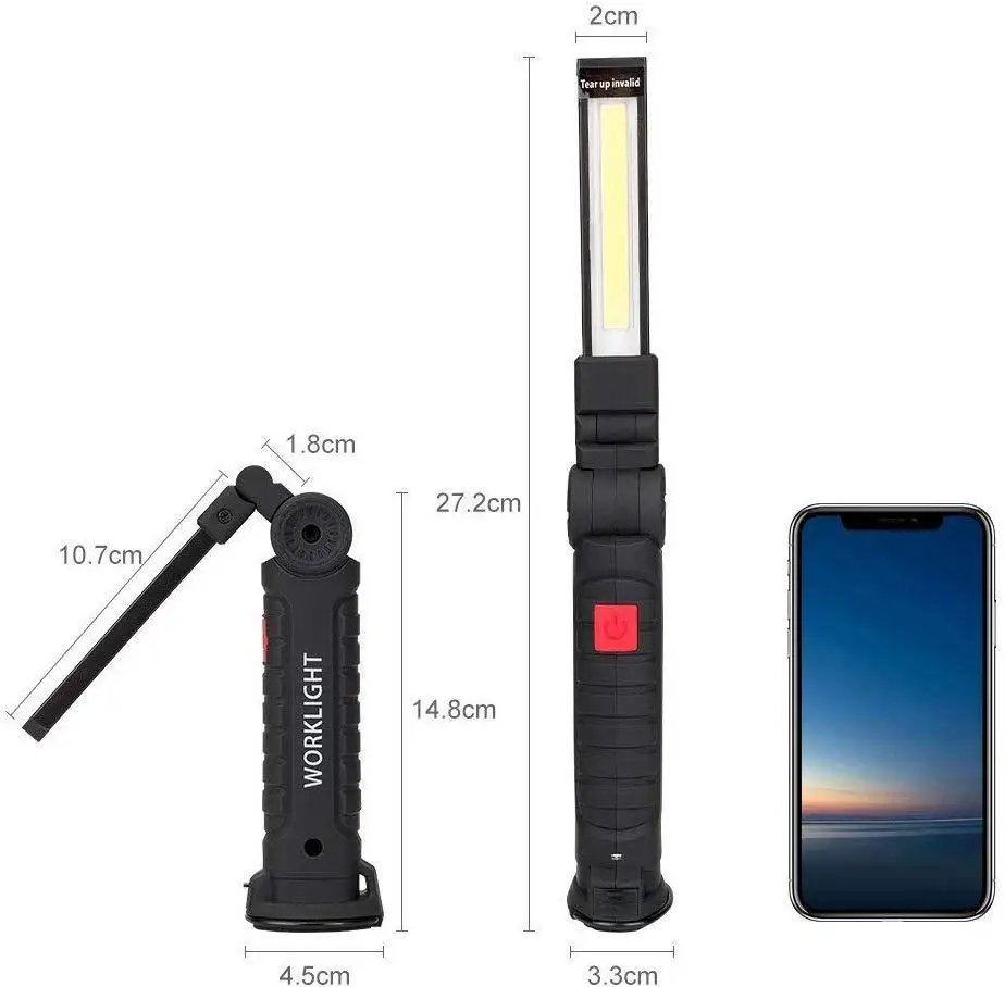 Светодиодный фонарь5 режимов COB Рабочий фонарик для ремонта автомобиля USB-перезаряжаемая магнитная 360-градусная поворотная портативная лампа.