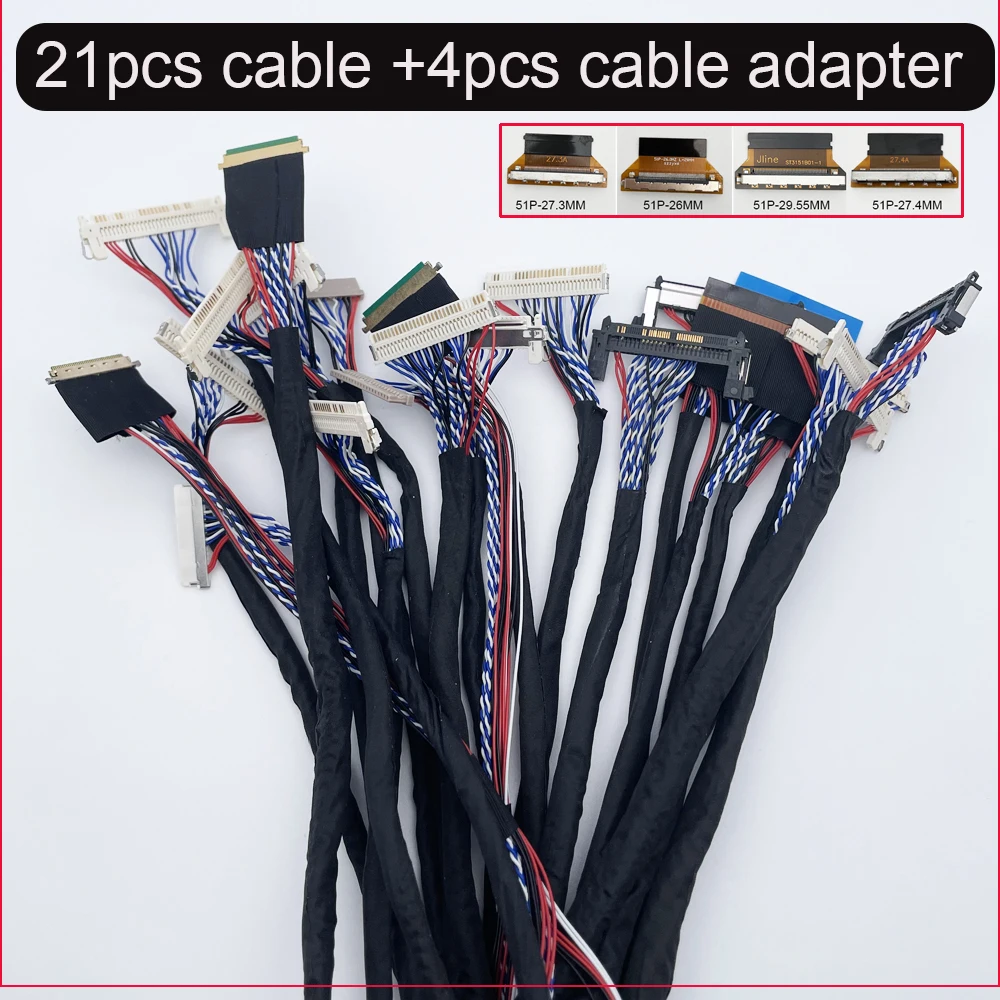 

21pcs lvds cable kit +4pcs cable adapter 10-65" screen 20P 30P 40P 51P LVDS FPC Commonly used for screen tester LCD repair