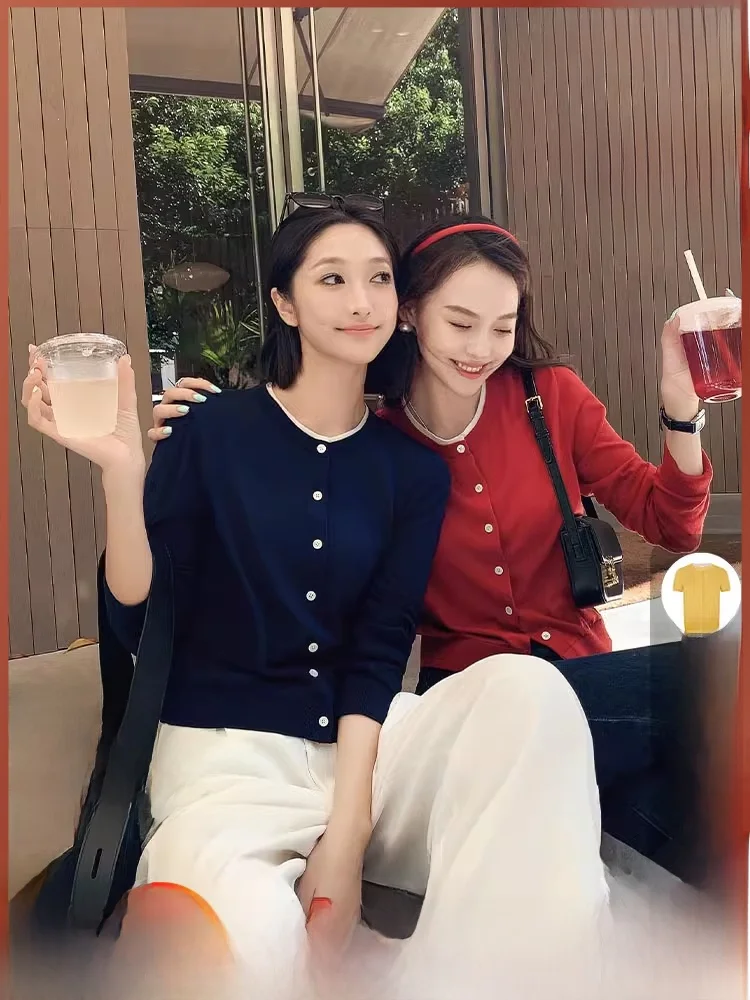 Meiyang [на складе] Триацетатный кардиган из киновари с кротом | Топ круглым вырезом