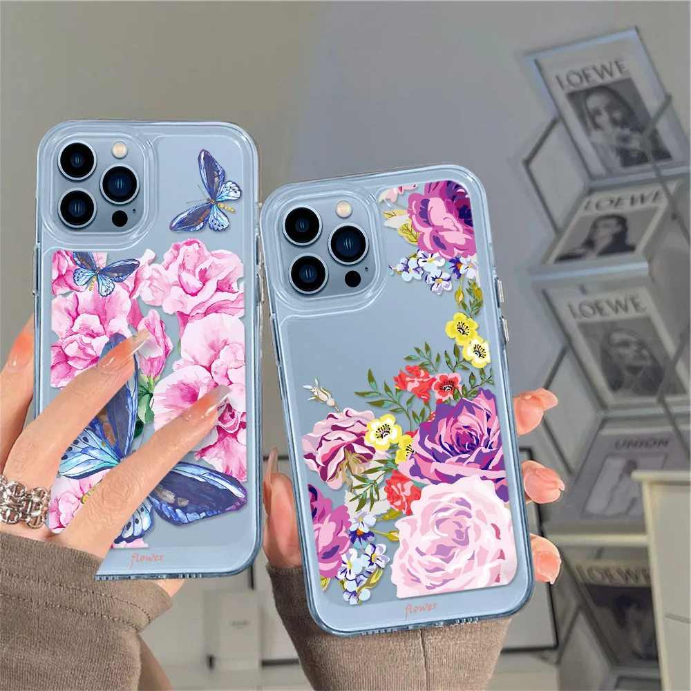 

Flower Transparent Soft Acrylic Case For IPhone 13 12 11 Pro Max XS X XR SE 2020 7 8 Plus Mini Shockproof Protective Back Cover