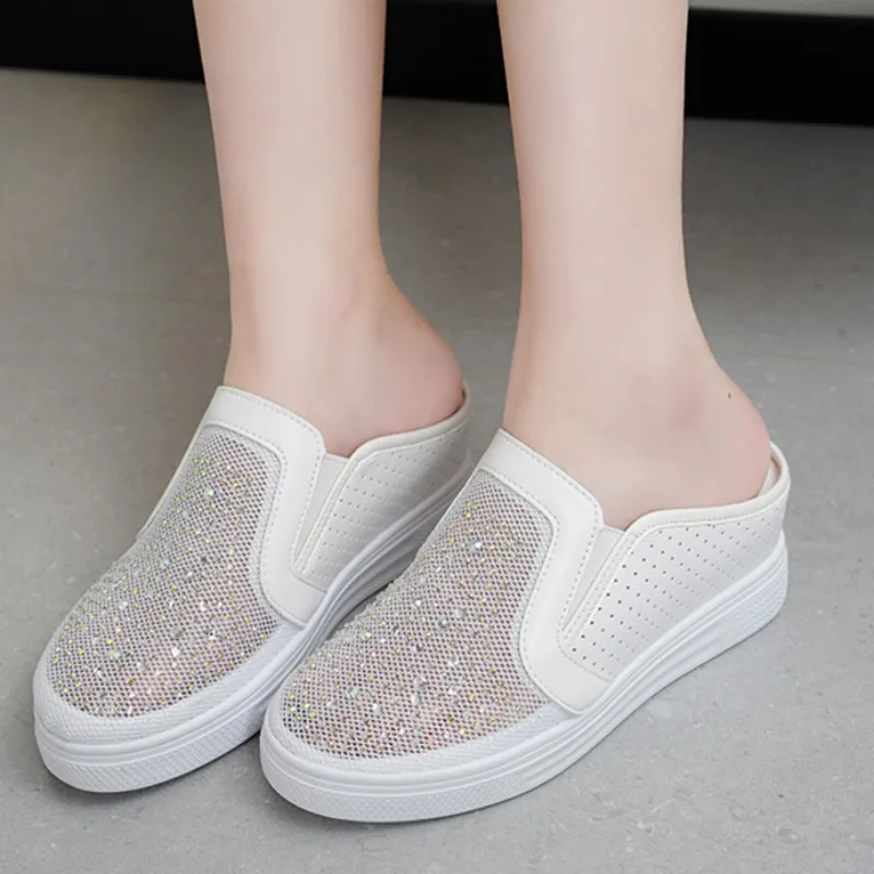 

2023 New Bling Women Slippers Mules Shoes Mid Heels Fashion Dress Summer Flip Flops Sandals Slingbacks Pumps Lady Zapatos Slides