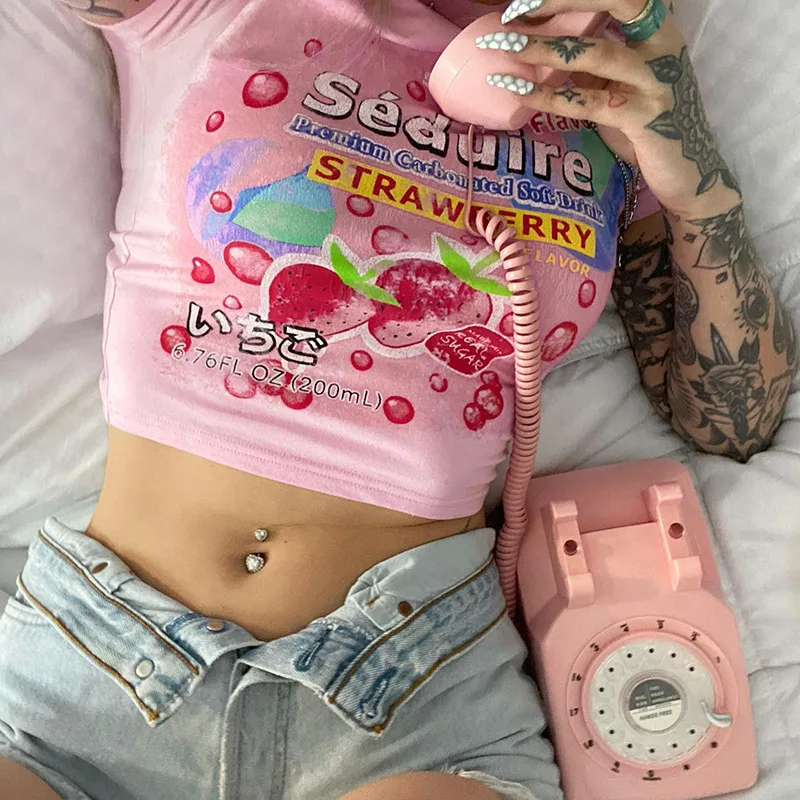 

Pink Short Sleeve Crop Tops Women Sweetheart Letter Strawberry Printting Round-Neck Tiny T Shirt Preppy Style 2023 Hot