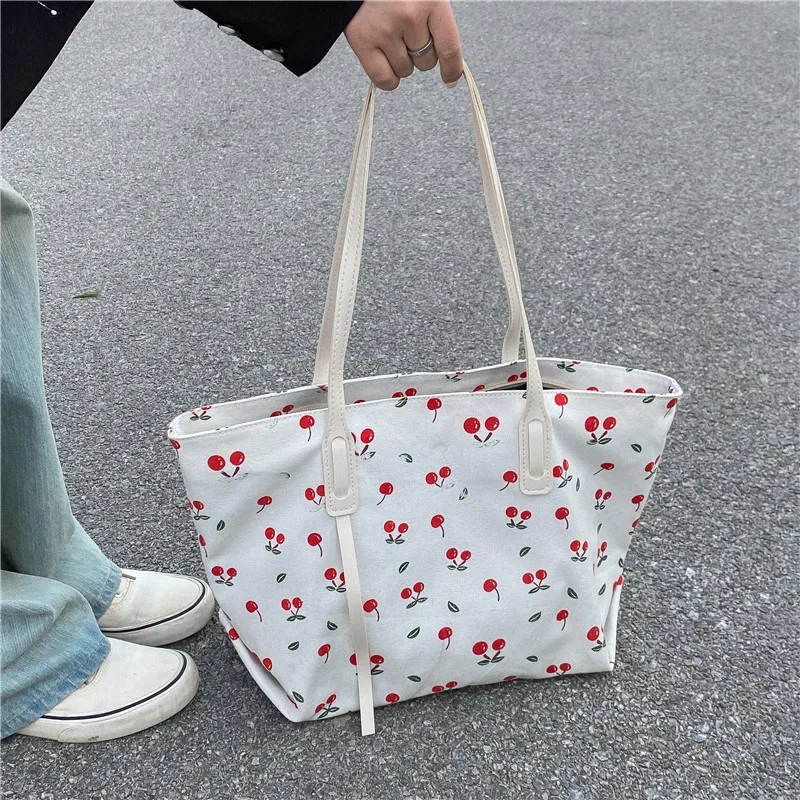 

Fashion Cherry Print Large Capacity Tote Bag Women's Summer 2022 New Shoulder Bag Trend Simple Handbag