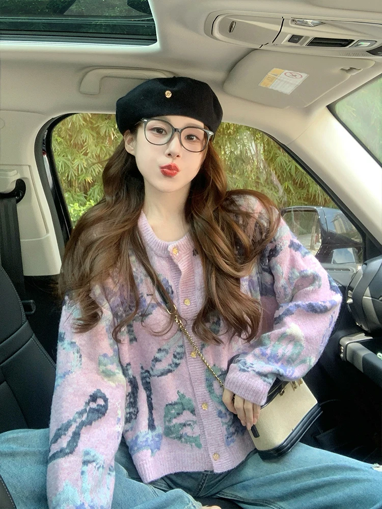 Жаккардовый вязаный свитер в стиле ретро женский кардиган новинка 2024 осень и