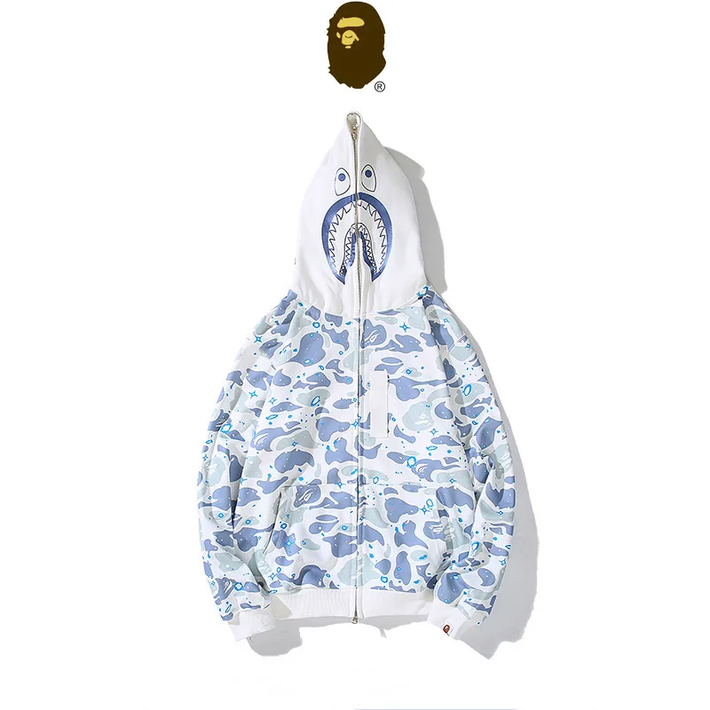 

Hip Hop Hoodies Blue and White Porcelain Camouflage Shark Hoodie Harajuku Zip Up Goth Punk Men Women Jacket Hoodie