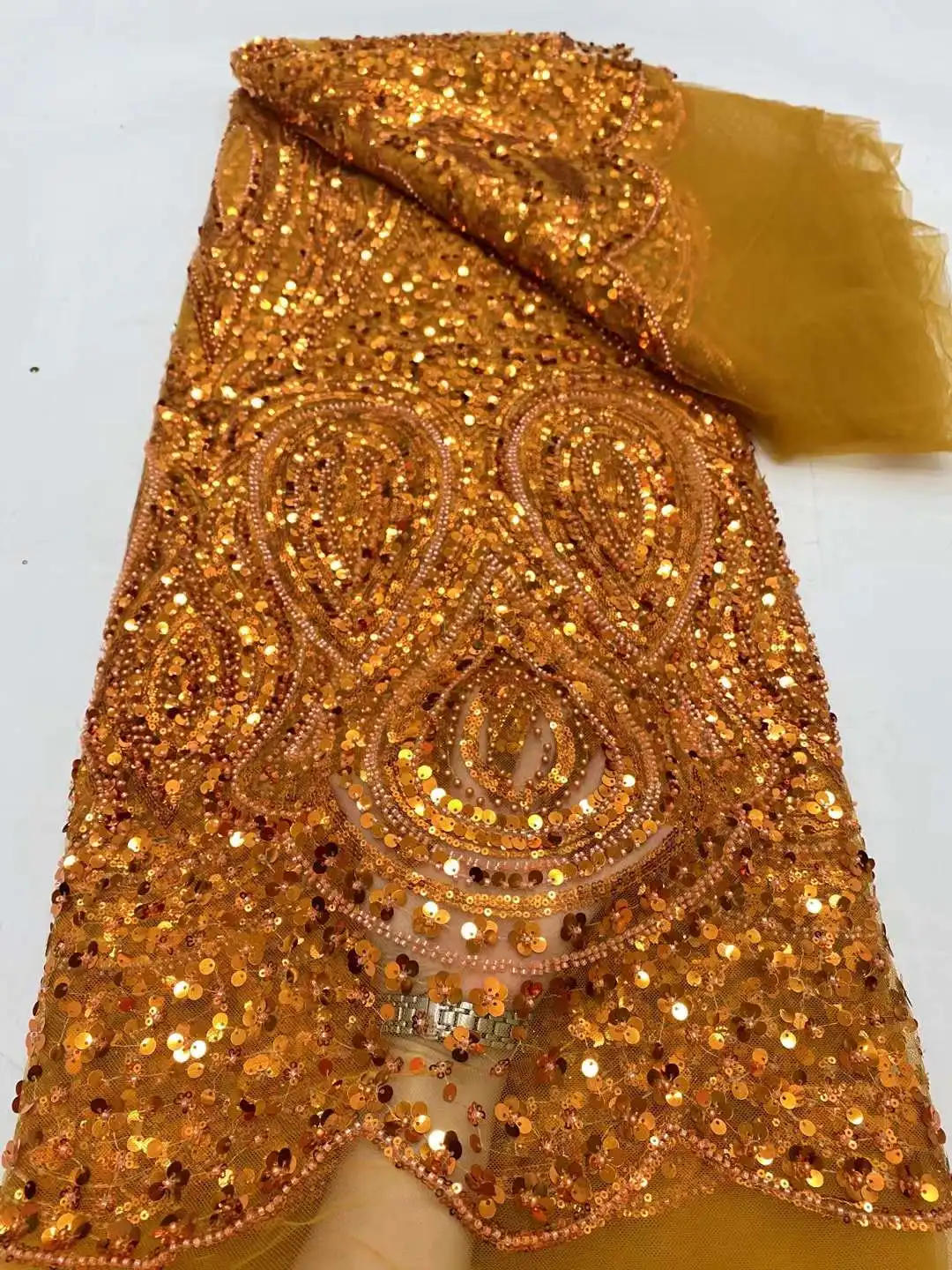 Высококачественная кружевная ткань из бисера для свадьбы материал белого