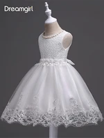 dreamgirl tulle lace applique pearls beading cute baby flower girl birthday wedding party dress with satin bow belt