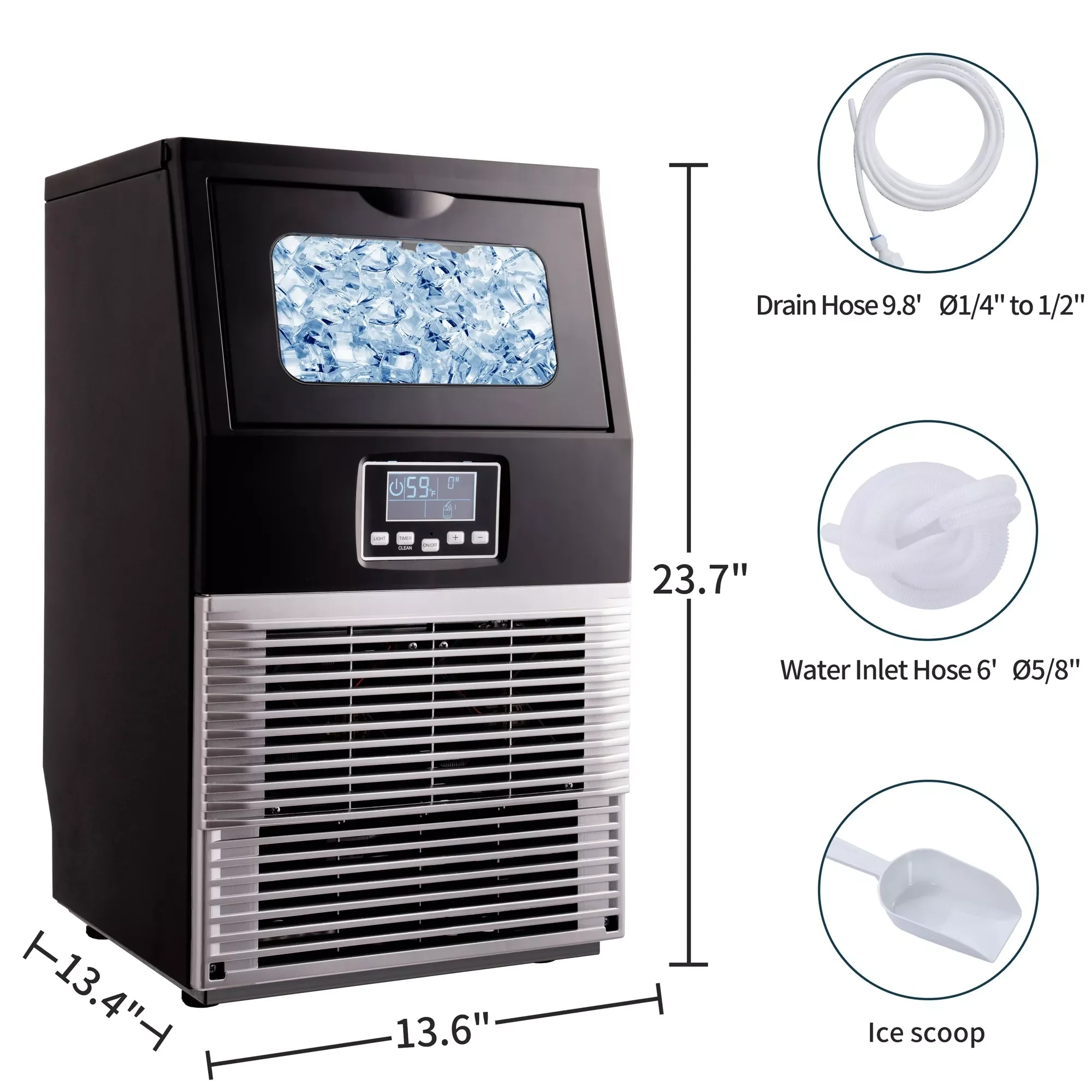 

Stand alone commercial ice maker 66lbs / 24h, automatic cleaning, transparent ice maker with built-in automatic water inlet and