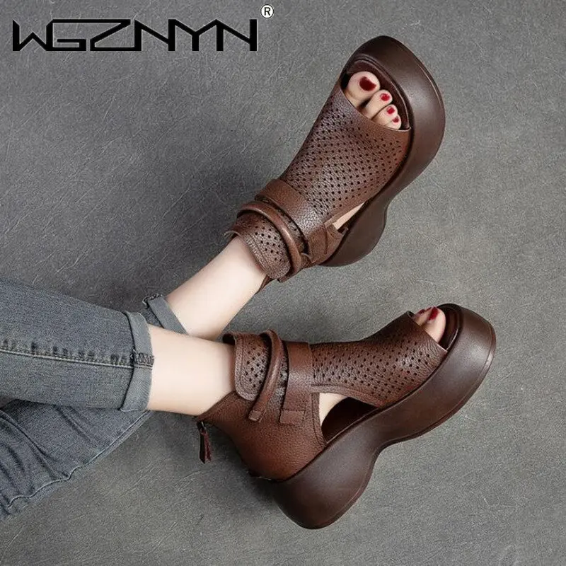 

Сандалии женские из натуральной кожи, босоножки на танкетке, эластичная ткань, модная повседневная обувь на толстой подошве, лето 2023