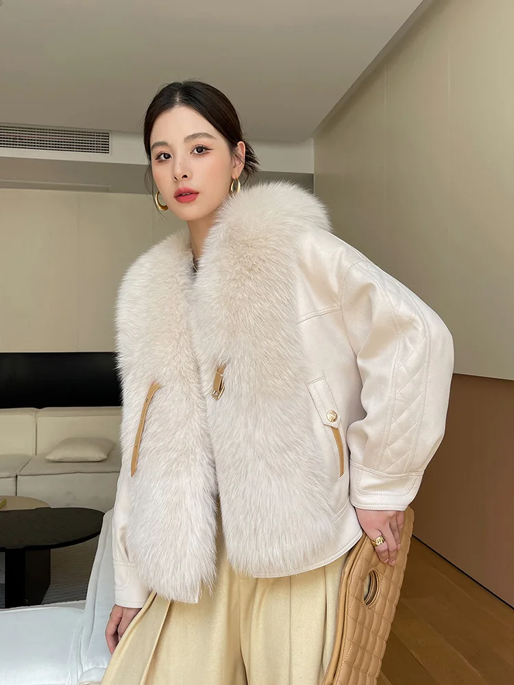 New Women Short Real Fur Coat Autumn Winter Fashion Thick Warm Fox Fur Patchwork Suede Double-faced Fur Jacket Loose Outerwear