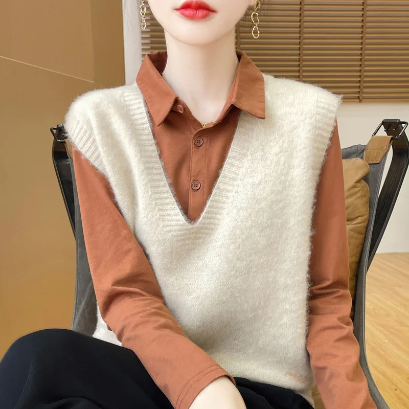 Шерстяной вязаный жилет осенне-зимний женский свитер без рукавов новое