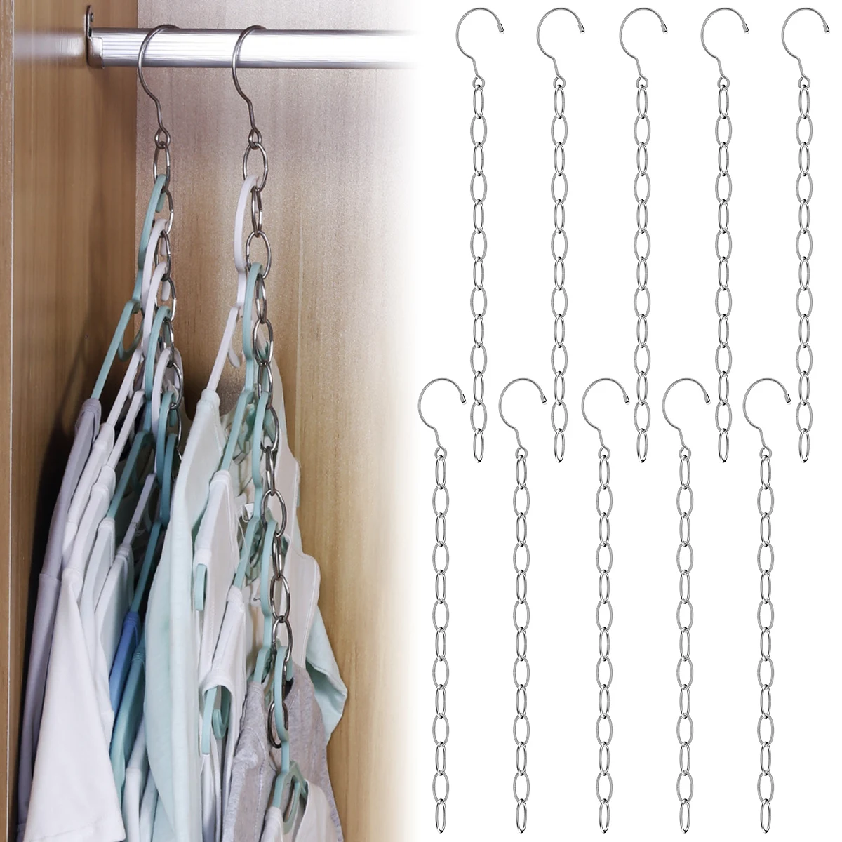 

10 Pack Space Saving Hangers Chains Closet Hanger Organizer with 13 Slots Stainless Steel Magic Storage Chain for Clothes