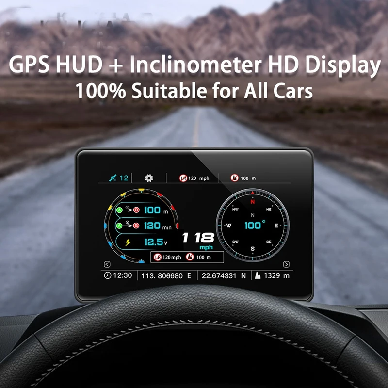 

Car HUD HD Display Waterproof Press -Screen Slope Meter GPS Digital Meter Coordinates Compass Clock Inclinometer