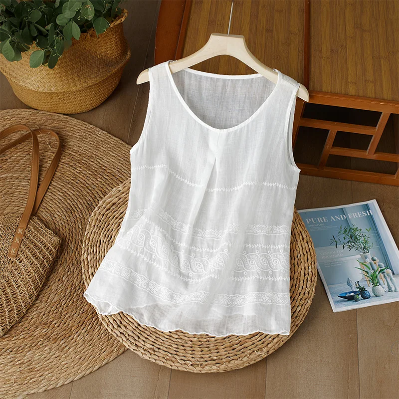 Топ без рукавов с вышивкой в стиле ретро летняя тонкая дышащая основа рами