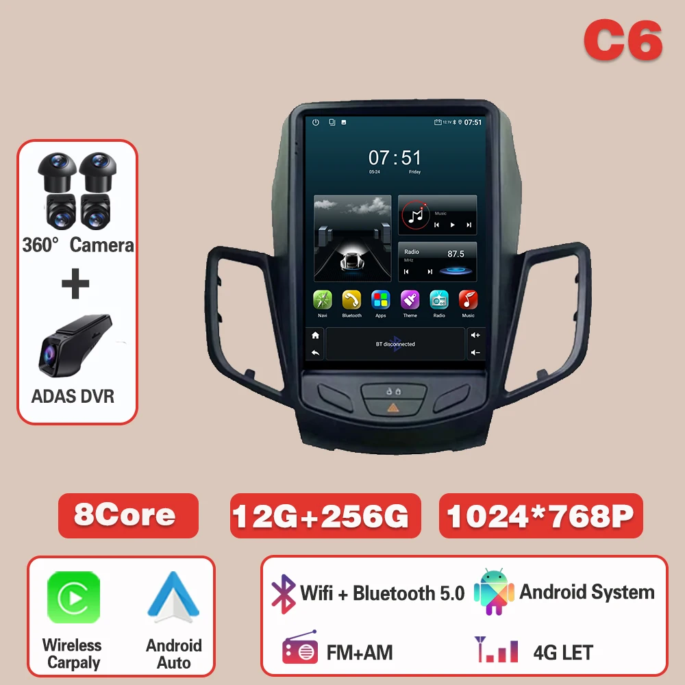 

9,7 "Android 15 Carplay для Ford Fiesta Mk7 2009-2016 Автомобильный радиоприемник 4G WIFI GPS-навигация Мультимедийный видеоплеер Стерео BT