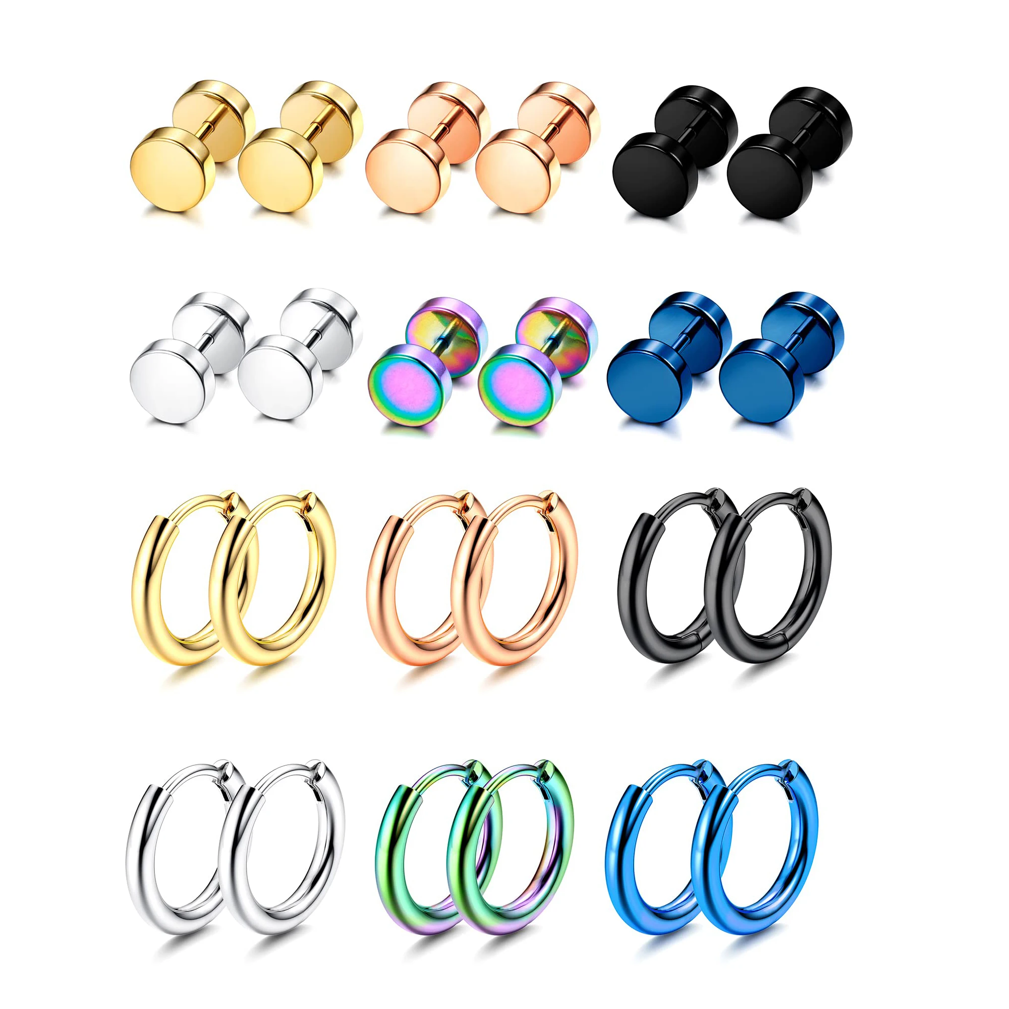 

2-12Pairs 18/16G Hypoallergenic Stainless Steel Huggie Hoop Cartilage Sleeper Earrings Dot Fake Gauge Earrings Set for Men Women