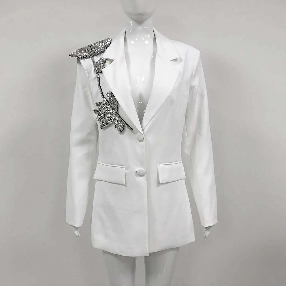 Nowa moda seksowna damska marynarka luksusowa kwiaty ze strasami biała elegancka z długimi rękawami