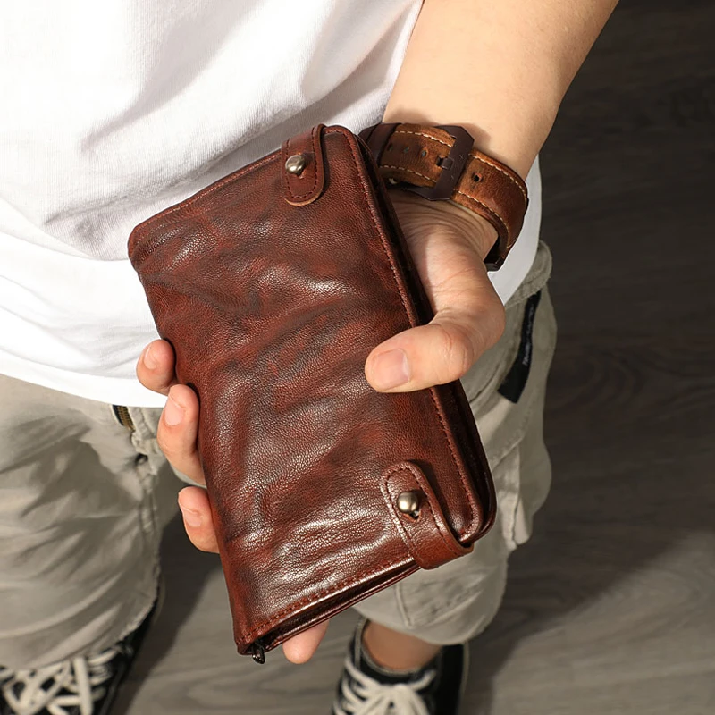 

AETOO, винтажный бумажник из старой овчины, мужской бумажник с зажимом для билета, вместительный плиссированный кожаный длинный Стильный клатч