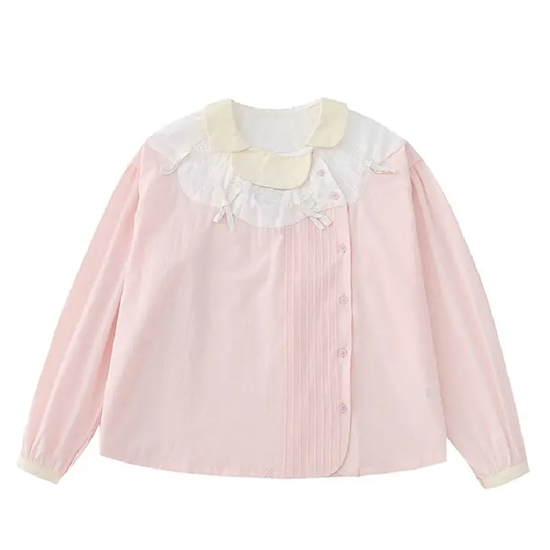 

2023 Spring Bebobsons Women's Sweet Blouse Independent Original Niche Design Ladies's Shirt Tops Pink Ruffles Cotton Long Sleeve