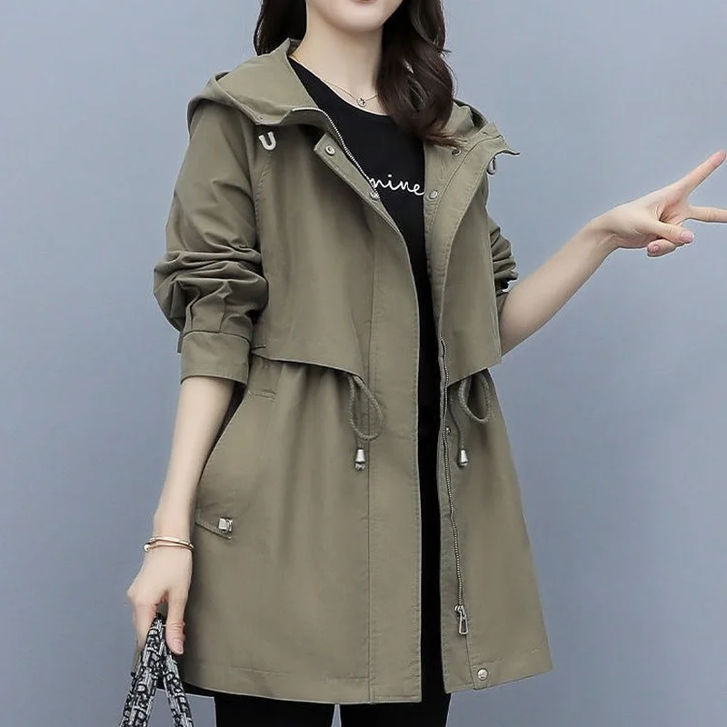 

2023 Autumn Women's Trench Coat Hooded Jacket Female Long Sleeve Zipper Pockets Casual Windbreaker Basic Jackets Outerwear E203