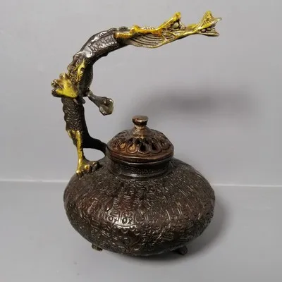 Exquisite antique pure copper gilt dragon incense burner ornament