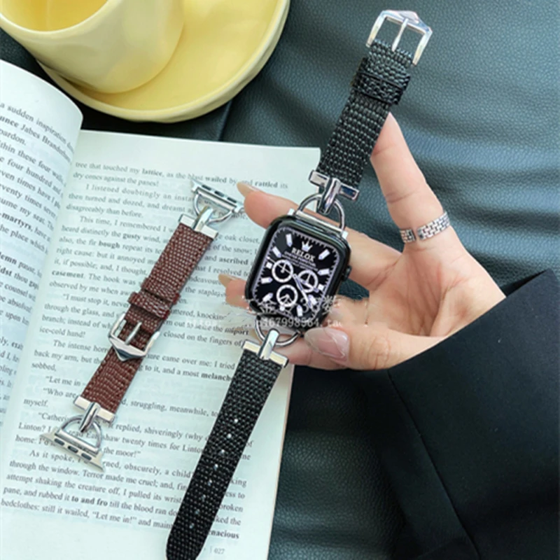 

Ремешок из кожи крокодила для Apple watch Band 49 мм 41/45 мм 40/44 мм 38/42 мм, дамский браслет для iwatch series 8 7 6 5432 SE