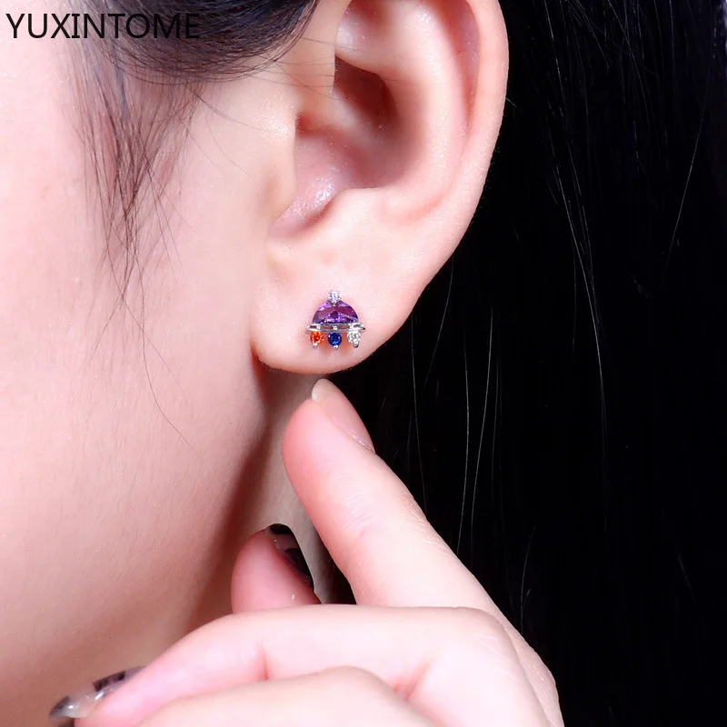 

1 pair 925 Sterling Silver Stud Earring Colorful Round Zircon Punk Earrings For Women Girl Pendientes Plata 925 Gothic Jewelry