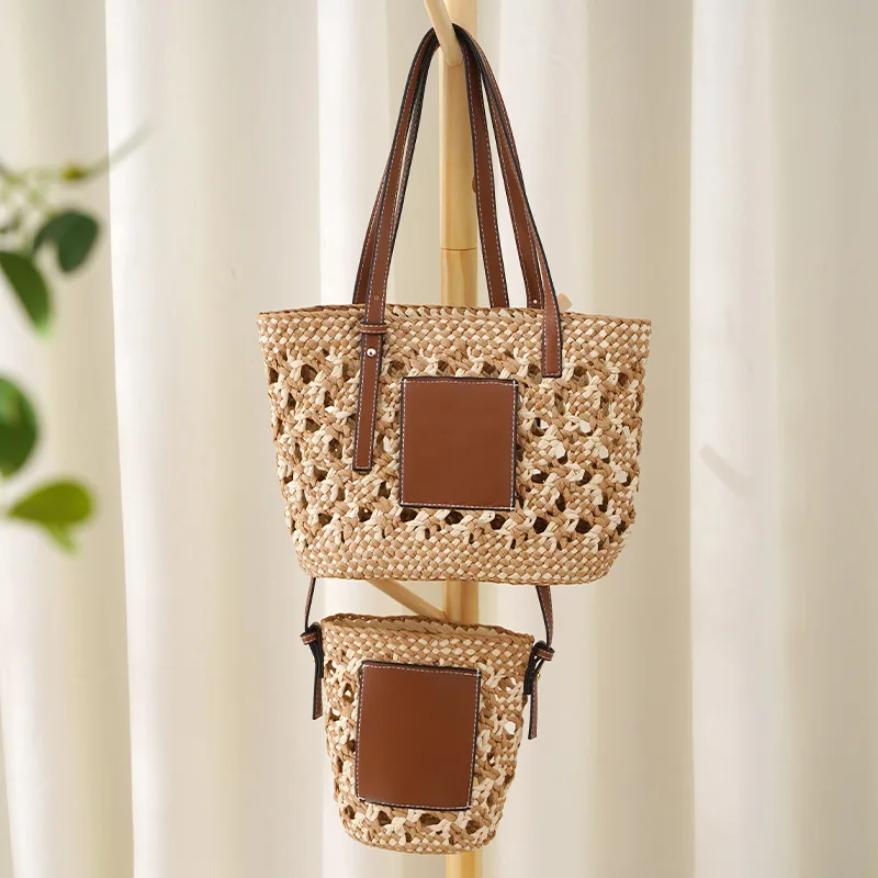 Летняя плетеная Сумка-тоут с вырезами женская модная контрастная Соломенная
