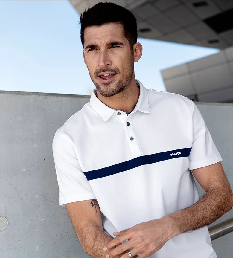 

V7478- summer new men's Polo Shirt Men's short sleeved Beaded cotton white Lapel T-shirt.
