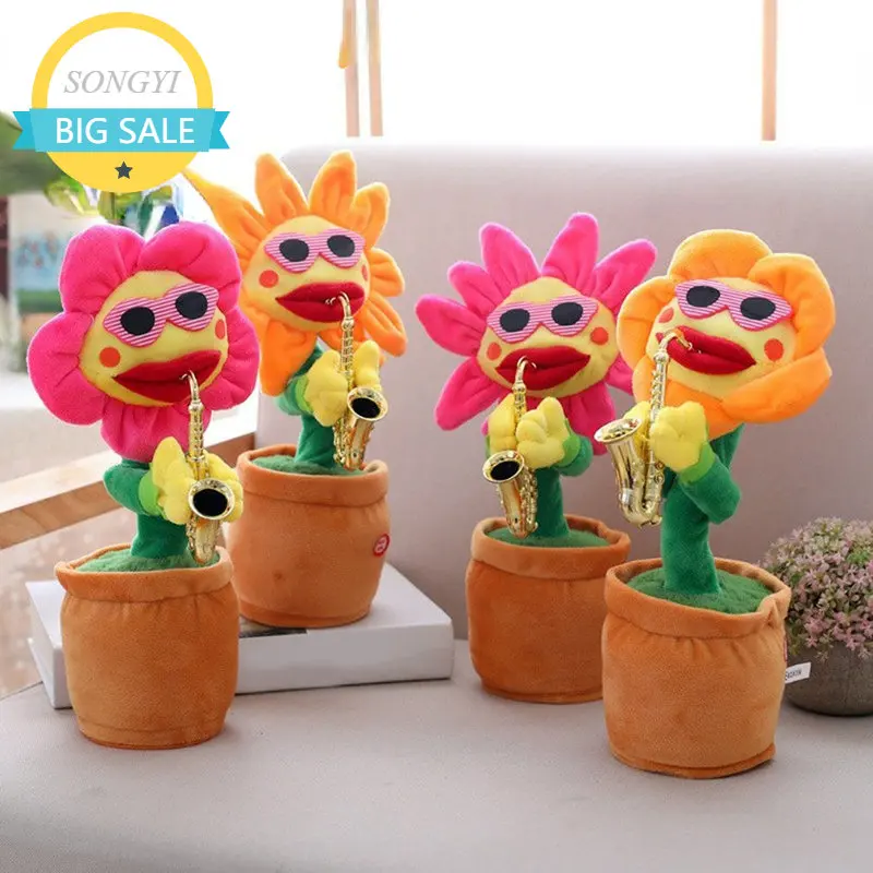 

Hot Sale Electric Sunflower Stuffed Plush Doll 80 Songs USB Saxophone Dancing Singing Sunflower Toys Funny Children Toy Gift