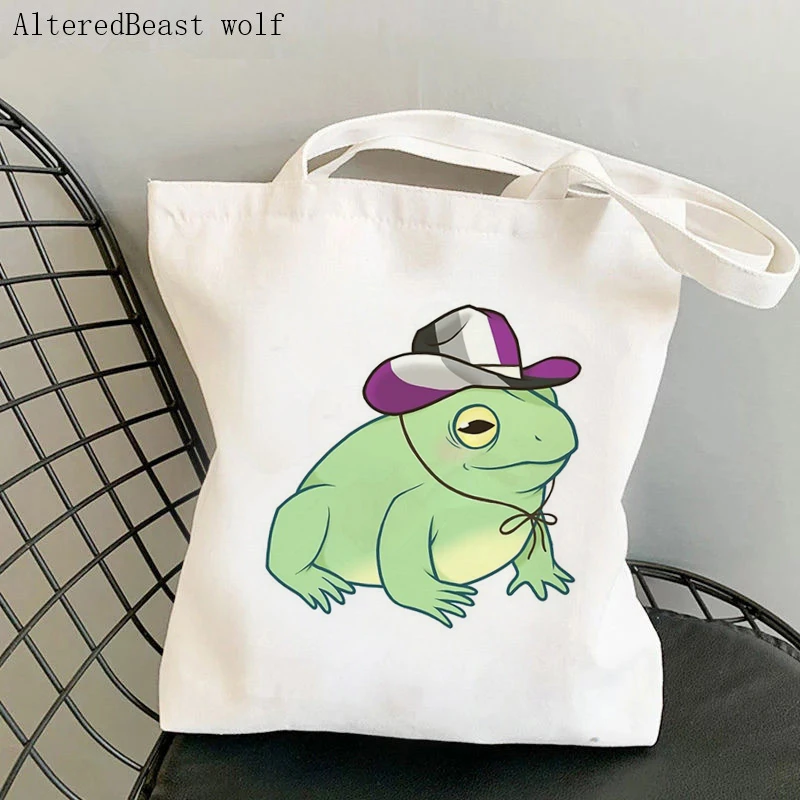 

Women Shopper bag Asexual Pride Cowboy Frog Bag Harajuku Shopping Kawaii Canvas Shopper Bag girl handbag Tote Shoulder Lady Bag