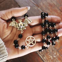 gothic bat rosary necklace for women men pagan pentagram pendant choker fashion witch jewelry gift black beads chain necklace