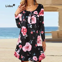 womens clothing dresses knee length casual floral pullover spring autumn long sleeve button o neck 2022 new comfortable wild