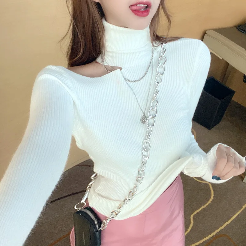 

Korean Style Warm Soft Women Sweater 2022 Autumn Winter Trendy Strapless Hollow Out Turtleneck Pullover Long Sleeve Knitted Tops