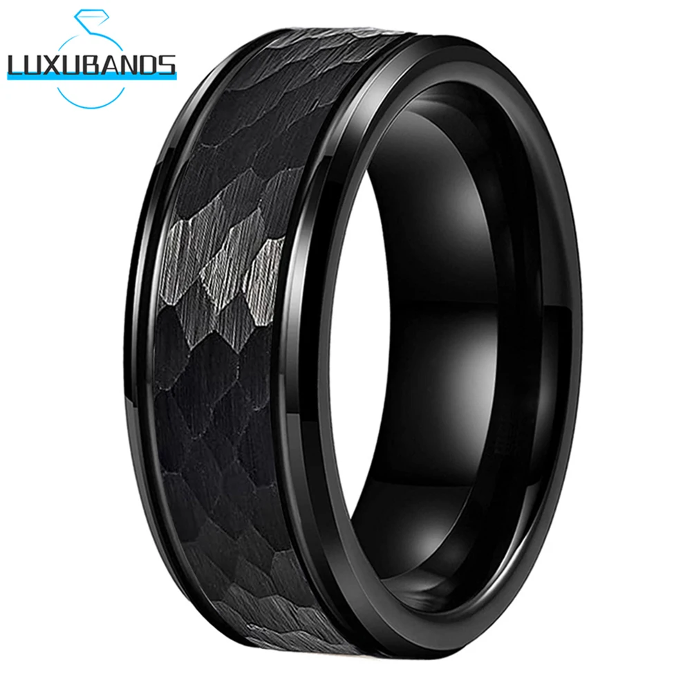 

Black Rose Gold Tungsten Carbide Ring Beveled Edge Two Grooved Hammered For Men Wemen 8mm Brushed Finish In Stock Comfort Fit