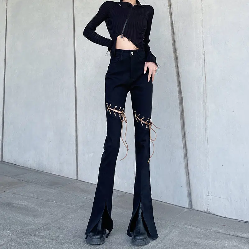 

Women's Jeans Black Trousers Flare Pants for Women with Slits Flared Bell Bottom High Waist Shot Holes Torn Ripped Vintage Z A R